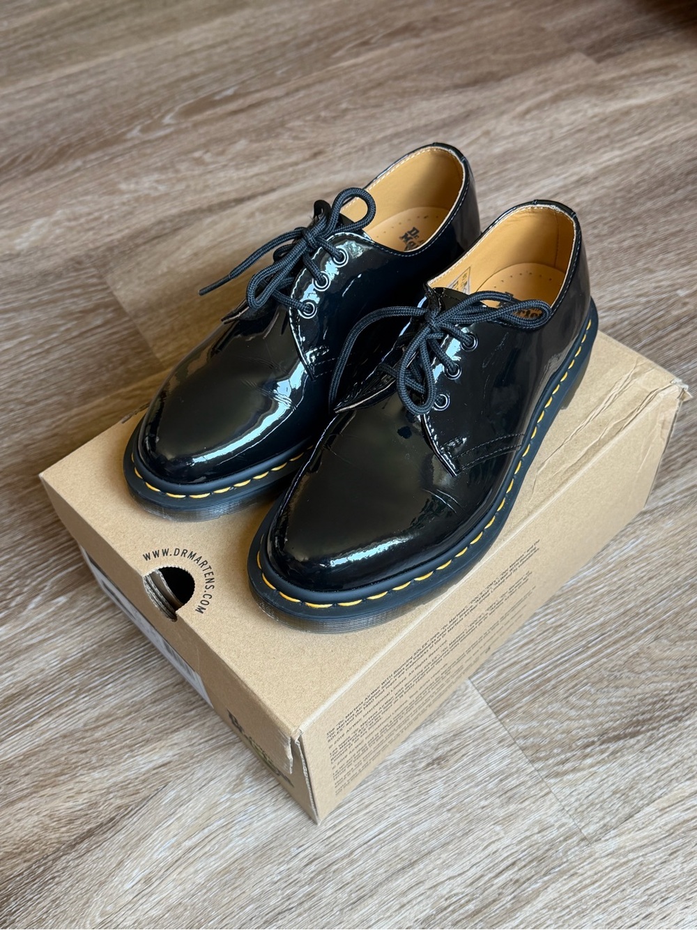 Dr. Martens Black Patent Leather 3-Eye Lace-Up Shoes with Yellow Stitching